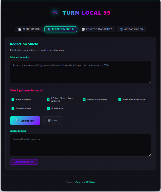 Image showing Redaction Shield tool with checkbox options for different data types