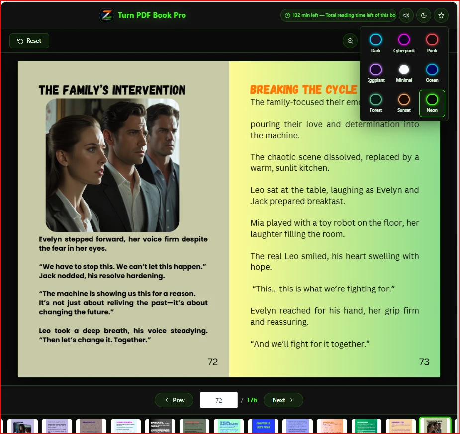 Turn PDF Book Pro 9 futuristic color themes palette including Cyberpunk, Neon, Dark, Ocean and more