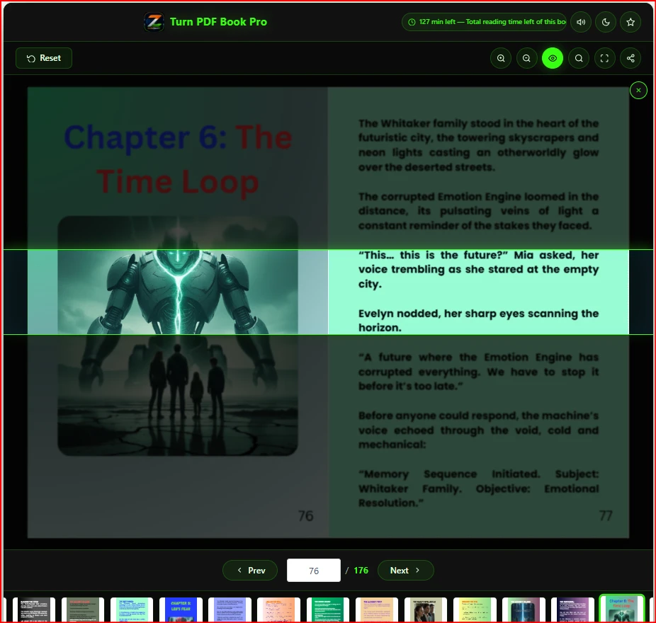 Focus reading mode in Turn PDF Book Pro showing line-by-line highlighted reading band on PDF page
