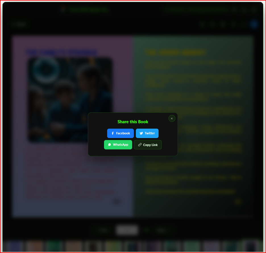 Turn PDF Book Pro social sharing panel with Facebook Twitter WhatsApp and copy link buttons