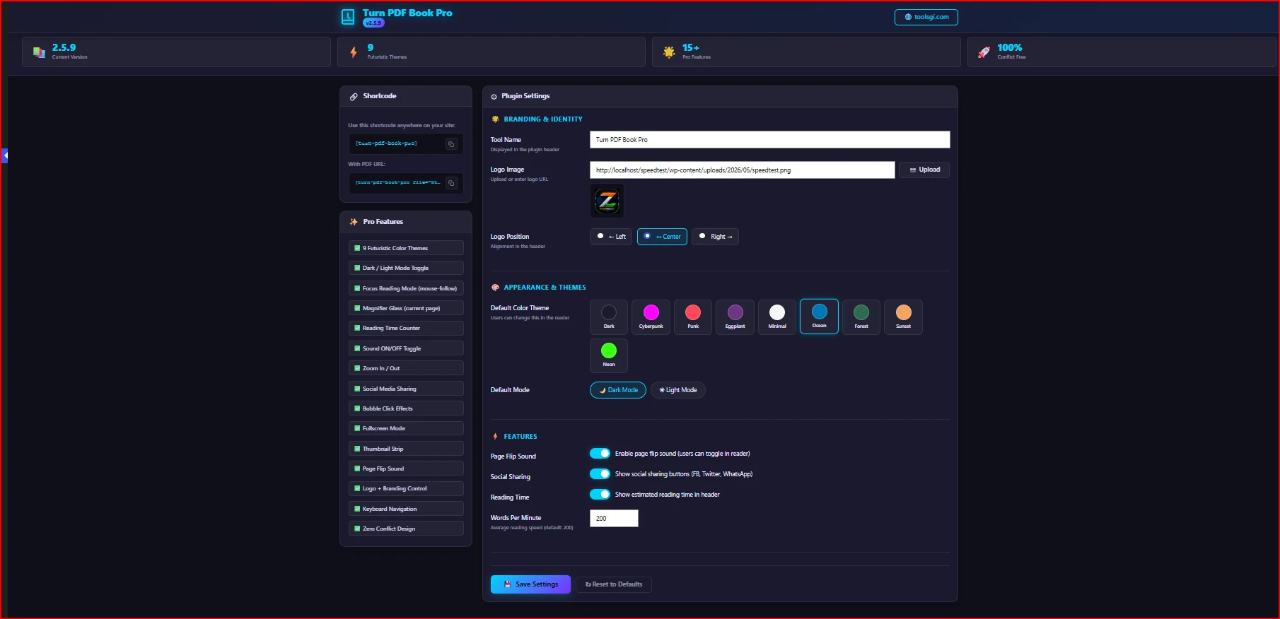 Turn PDF Book Pro admin panel settings page in WordPress dashboard with theme picker and branding options